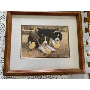 Fowl Play by Jim Lamb Framed Wall Art 12.5”x14.5” Puppies & Chicks on Farm